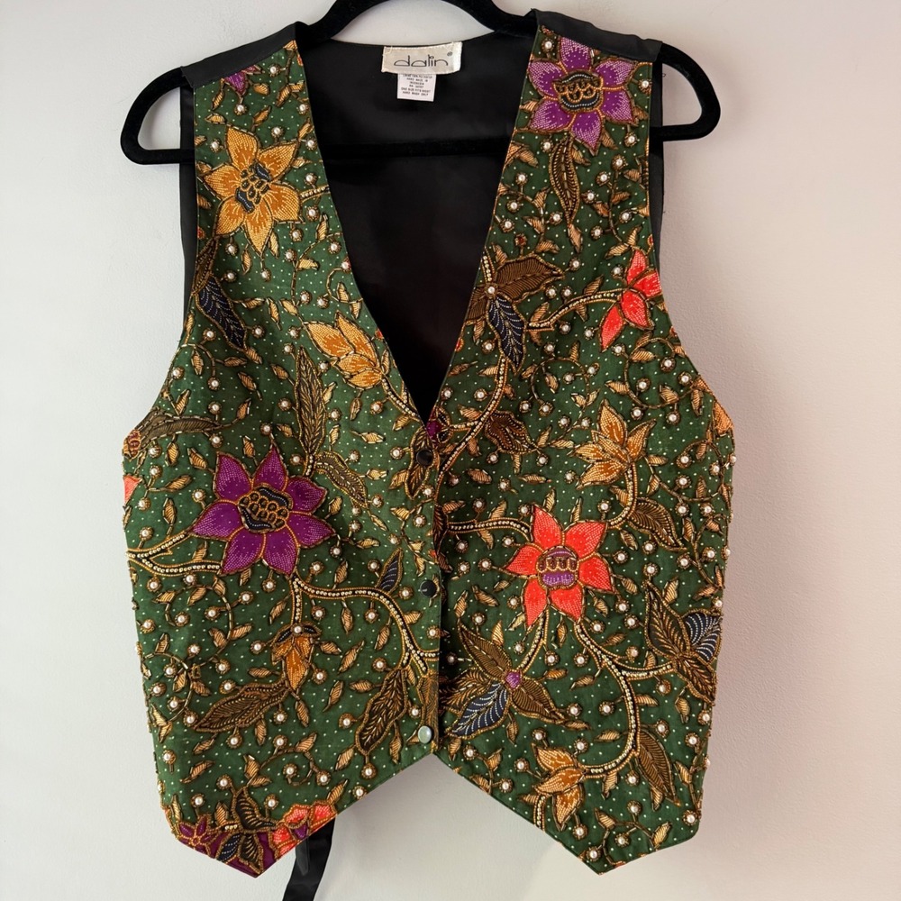 Dalin‎ Beaded Floral Vest Womens One Size Green Hand Made Vintage Embellished